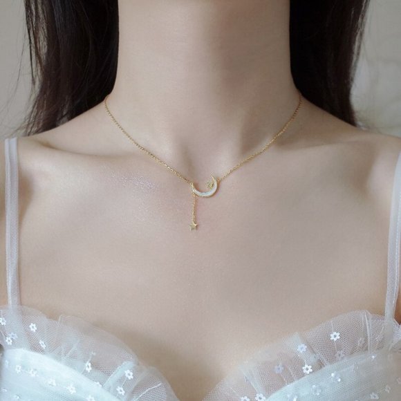 NEW Gold/925 Sterling Silver Moon Star Necklace A - Picture 6 of 7